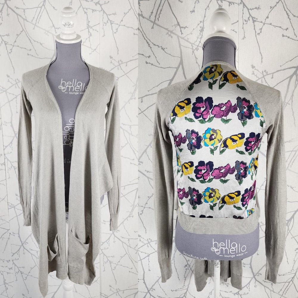 Ted Baker Silver Silk Angora Knit Floral Printed Panel Cardigan